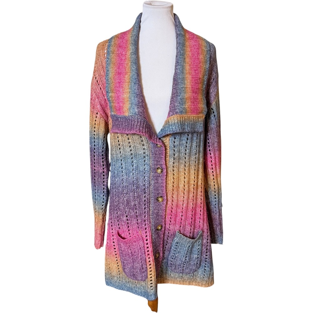 ModCloth Cardigan Women XL Multicolor Ombre Pointelle Knit Button Front Sweater